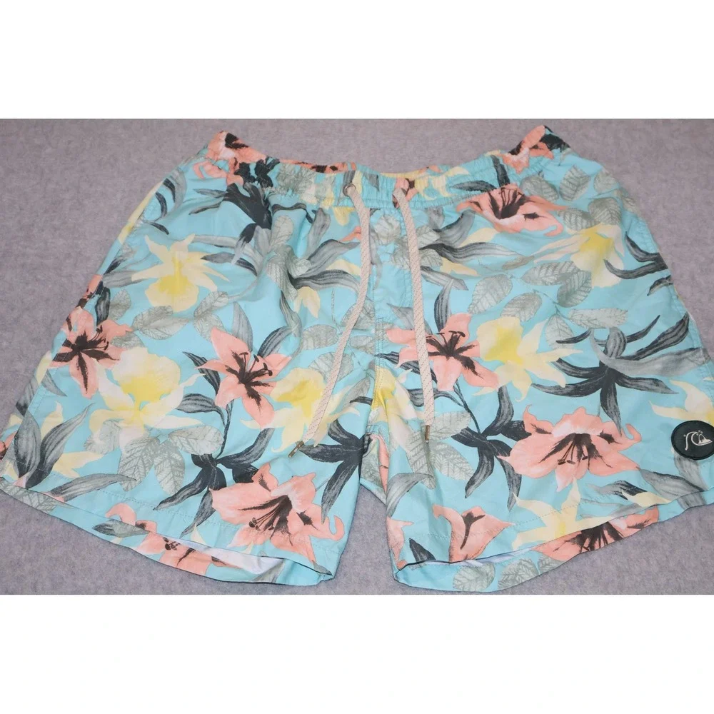 Quiksilver Swim Trunks Mens XL Blue Floral Board Shorts Drawstring 7
